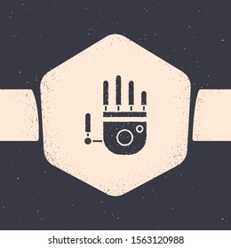 Grunge Mechanical robot hand icon isolated on grey background. Robotic arm symbol. Technological concept. Monochrome vintage drawing. Vector Illustration