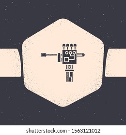 Grunge Mechanical robot hand and screwdriver tool icon isolated on grey background. Robotic arm symbol. Technological concept. Monochrome vintage drawing. Vector Illustration