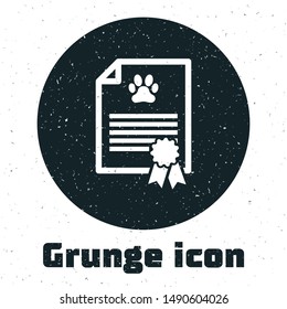 Grunge Medical certificate for travel with dog or cat icon isolated on white background. Document for pet. Dog or cat paw print.  Vector Illustration