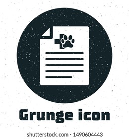 Grunge Medical certificate for travel with dog or cat icon isolated on white background. Document for pet. Dog or cat paw print.  Vector Illustration