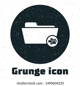 Grunge Medical veterinary record folder icon isolated on white background. Dog or cat paw print. Document for pet. Patient file icon.  Vector Illustration