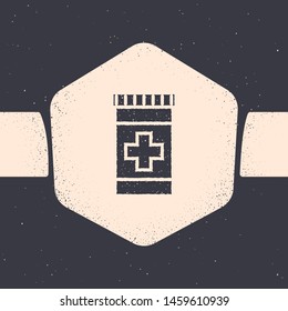 Grunge Medicine bottle icon isolated on grey background. Bottle pill sign. Pharmacy design. Monochrome vintage drawing. Vector Illustration