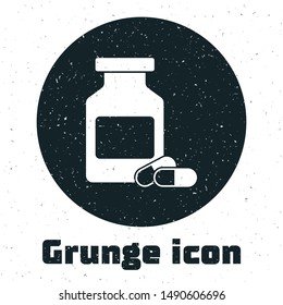 Grunge Medicine bottle and pills icon isolated on white background. Bottle pill sign. Pharmacy design.  Vector Illustration