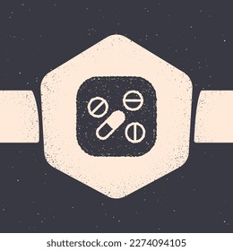 Grunge Medicine pill or tablet icon isolated on grey background. Capsule pill and drug sign. Pharmacy design. Monochrome vintage drawing. Vector