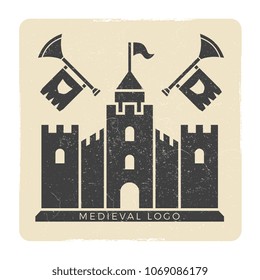Grunge medieval castle logo vector design. Castle building medieval, tower fortress silhouette illustration