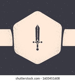Grunge Medieval sword icon isolated on grey background. Monochrome vintage drawing. Vector Illustration