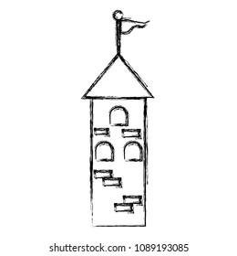 grunge medieval tower building with flag and windows