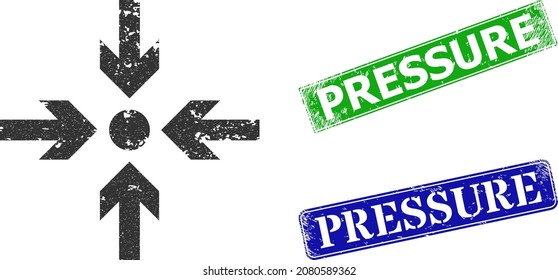 Grunge Meeting Point Icon And Rectangular Rubber Pressure Seal Stamp. Vector Green Pressure And Blue Pressure Imprints With Unclean Rubber Texture, Designed For Meeting Point Illustration.