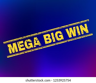 Grunge Mega Big Win stamp seal on complex gradient background. Vector Mega Big Win rubber seal imitation. Light yellow colored caption between double parallel lines with grunge style.