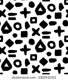 Grunge Memphis es un patrón impecable con signos y símbolos matemáticos de la escuela dibujados a mano. Ornamento para impresión en tela, cubierta y embalaje. Vector aislado en fondo blanco