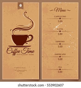 Grunge menu for coffee. Menu for hot drinks in brown.