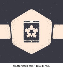 Grunge Merry Christmas on smartphone and snowflake icon isolated on grey background. Happy New Year. Monochrome vintage drawing. Vector Illustration