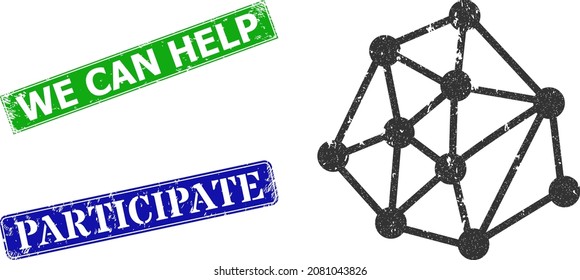 Grunge mesh links icon and rectangle rubber We Can Help stamp. Vector green We Can Help and blue Participate watermarks with unclean rubber texture, designed for mesh links illustration.
