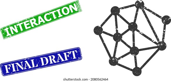 Grunge mesh structure icon and rectangle scratched Interaction seal stamp. Vector green Interaction and blue Final Draft seals with grunge rubber texture, designed for mesh structure illustration.