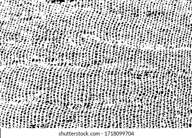 Grunge mesh texture with a clear interweaving of threads. Monochrome abstract background of natural crumpled fabric. Vector illustration. Overlay template.