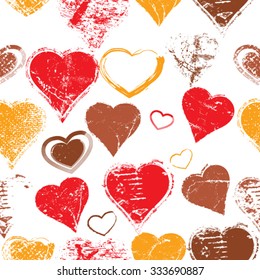Grunge Messy Hearts Seamless Pattern. Vector Illustration. 