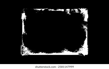 Grunge messy white frame on black background. Vector paintbrush strokes rectangle border with abstract old chalk or ink textured lines. Decorative overlay stamp design