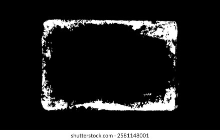 Grunge messy white frame vector illustration. Abstract overlay dirty paintbrush strokes rectangle border with scratched rough edges. Old scratch textured lines, chalk or ink splattered stamp design