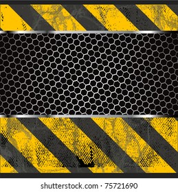 Grunge metal plate with construction warning stripes