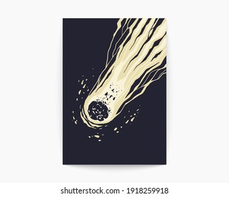 Grunge meteor sketch. Spectacular comet in space. Beautiful cosmic background in dark color and white. Vector art