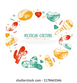 Grunge Mexican Culture frame for Food Restaurant menu, logo, template design with sketch icons of Chili pepper, sombrero, tacos, nacho, burrito.