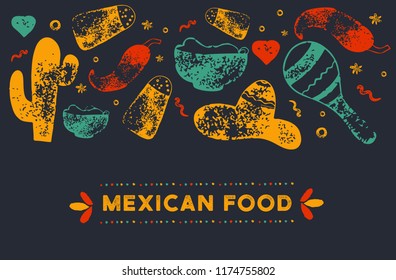 Grunge Mexican Food Restaurant menu, template design with sketch icons of Chili pepper, sombrero, tacos, nacho, burrito.Chalkboard Food flyer for promotion, site banner