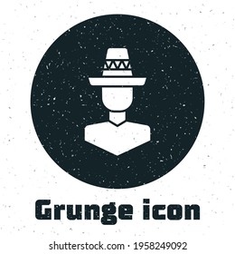 Grunge Mexican man wearing sombrero icon isolated on white background. Hispanic man with a mustache. Monochrome vintage drawing. Vector