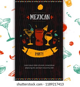 Grunge Mexican Party Food Restaurant menu, template design with sketch icons of Chili pepper, sombrero, tacos, nacho, burrito.Chalkboard Food flyer for promotion, site banner