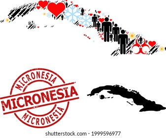Grunge Micronesia stamp seal, and winter man Covid-2019 treatment mosaic map of Cuba. Red round stamp seal includes Micronesia title inside circle. Map of Cuba mosaic is designed with winter, sunny,