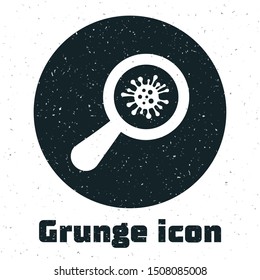 Grunge Microorganisms under magnifier icon isolated on white background. Bacteria and germs, cell cancer, microbe, virus, fungi.  Vector Illustration