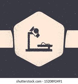 Grunge Microscope icon isolated on grey background. Chemistry, pharmaceutical instrument, microbiology magnifying tool. Monochrome vintage drawing. Vector Illustration