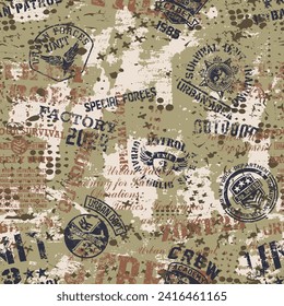 Grunge military badges patchwork  with camouflage background abstract vector seamless pattern