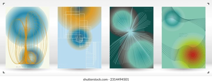 Grunge Minimal Geometric Vector Poster Design with Lines and Gradient Colorful Circles. Set of Abstract Backgrounds for Covers, Flyers, Templates, Booklets, Cards, Brochures, Branding, etc.