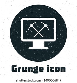 Grunge Mining concept with laptop and pickaxe icon isolated on white background. Blockchain technology, cryptocurrency mining, digital money market.  Vector Illustration