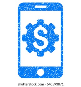 Grunge Mobile Bank Setup icon with grunge design and scratched texture. Unclean vector blue pictogram for rubber seal stamp imitations and watermarks. Draft sticker symbol.