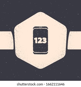 Grunge Mobile calculator smartphone interface icon isolated on grey background. Mathematical application on phone display. Monochrome vintage drawing. Vector Illustration