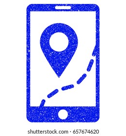 Grunge Mobile Map Navigation icon with grunge design and dust texture. Unclean vector blue pictogram for rubber seal stamp imitations and watermarks. Draft sign symbol.