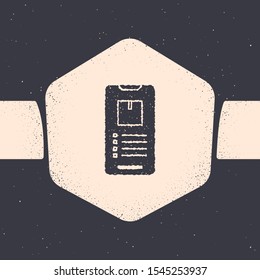 Grunge Mobile smart phone with app delivery tracking icon isolated on grey background. Parcel tracking. Monochrome vintage drawing. Vector Illustration