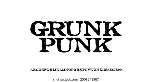 Grunge Moderne Alphabet-Schriftart, Serifenstil, Texturiert, Schriftart für Musik, Mode, Punk, Rock und Lebensstil, Großbuchstabe und Zahl, Vektorgrafik 