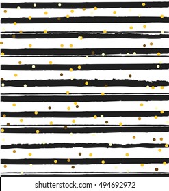 Grunge Modern Horizontal Striped texture. Golden dots confetti and Black and White lines. Abstract festive background.
