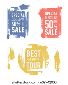 Grunge modern sale stickers. Flat modern sale labels. Discount banner design. Special discount 50 off sale. Best shopping tour.