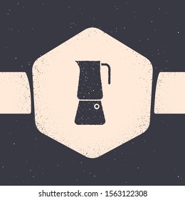 Grunge Moka pot icon isolated on grey background. Coffee maker. Monochrome vintage drawing. Vector Illustration