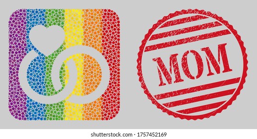 Grunge Mom seal and mosaic marriage rings subtracted for LGBT. Dotted rounded rectangle collage is around marriage rings subtracted space. LGBT spectrum colors. Red rounded grunge stamp with Mom text.