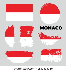 Grunge Monaco flags set. Vector stock illustration isolated on white background. 