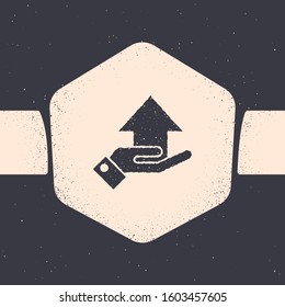 Grunge Money on hand icon isolated on grey background. Palm holds cash with arrow up. Cash salary increase. Rising prices. Monochrome vintage drawing. Vector Illustration