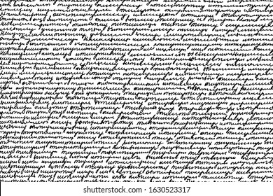 Grunge monochrome background of handwritten doodles imitating writing. Notes in illegible handwriting. Overlay template. Vector illustration