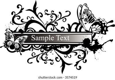 grunge monochrome banner with butterflies - vector