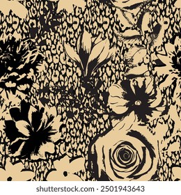 Grunge monocromo patrón de flores sin fisuras sobre fondo de textura de piel de animal