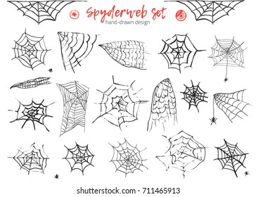 Grunge monochrome set of spider web and spiders isolated on white background for halloween design. Hand drawn spiderweb decoration