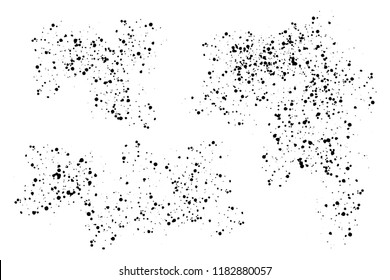 Grunge monochrome vector backgrounds, various shape textured spots. Dust overlay distress grain, images simply placed over object for grungy effect creation. Abstract, splattered, dirty, texture for